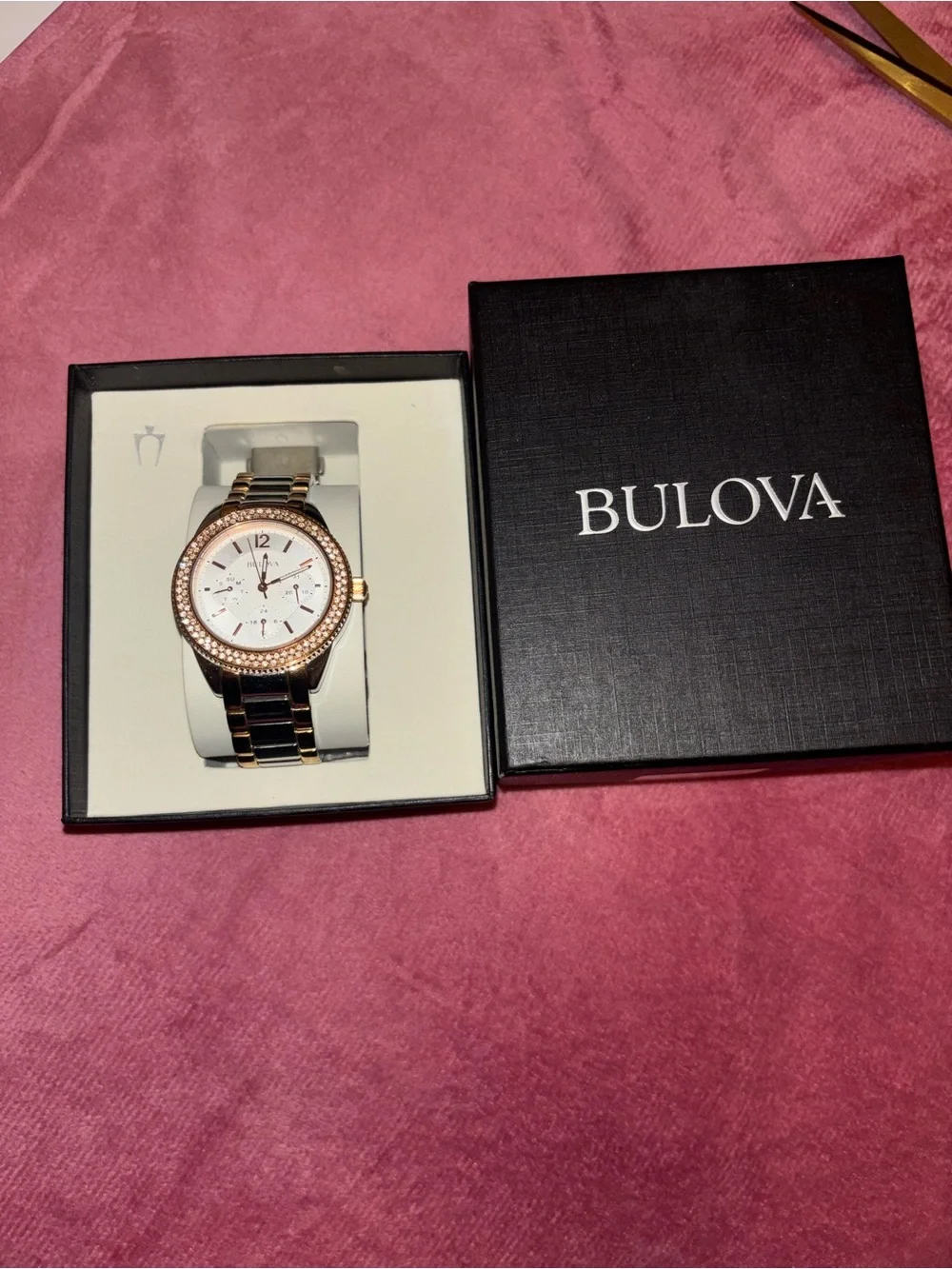 Bulova Two-Tone Crystal Bezel Watch in Rose Gold and silver crystals